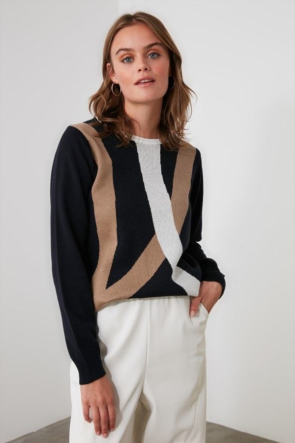 Navy Colour Block Knitwear Sweater size: L, colour: Navy