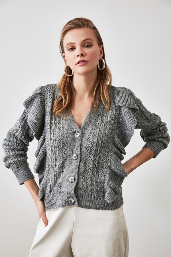 Grey Ruffle Detail Knit Cardigan size: L, colour: Grey