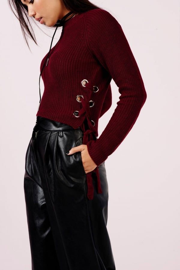 Wine Ribbed Jumper With Tie Sides size: 10 UK, colour: B