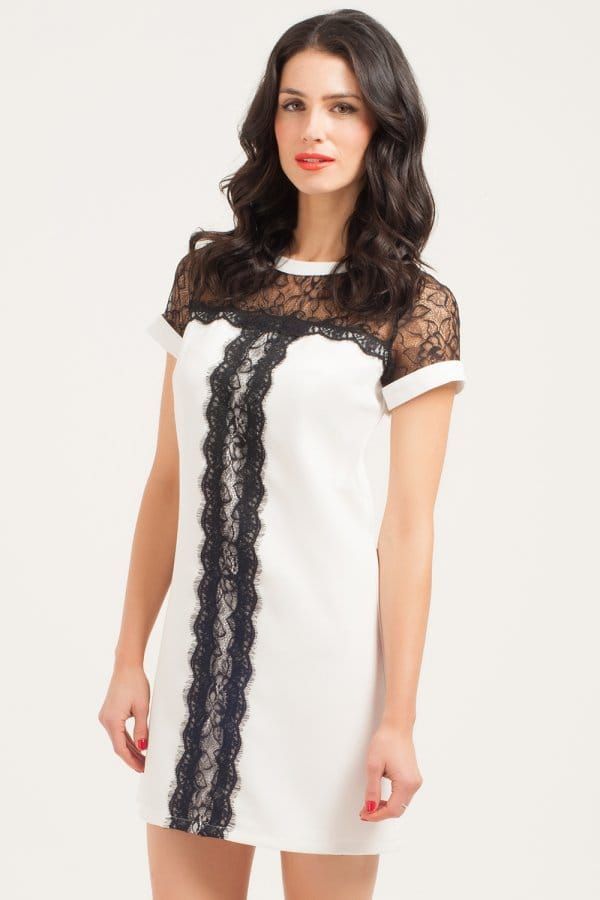 White & Black Lace Panel Shift Dress size: 10 UK, colo