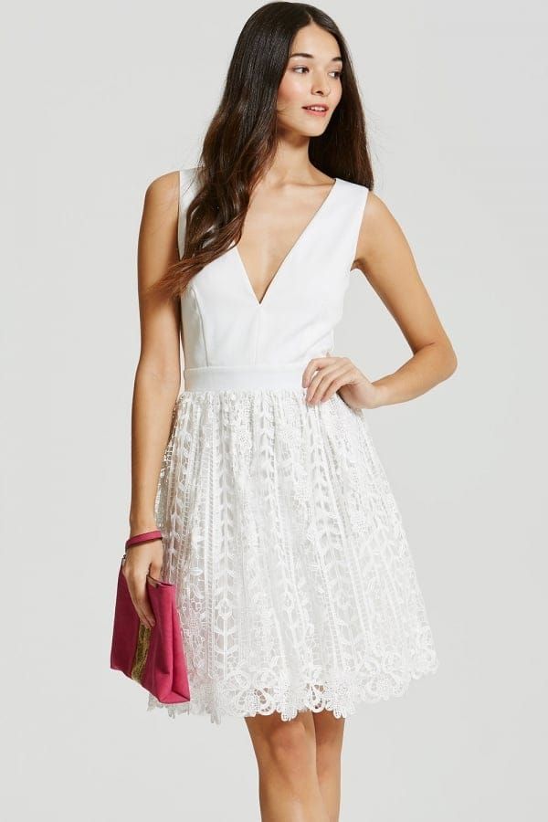 White Crochet Lace Plunge Mini  Dress size: 10 UK, col