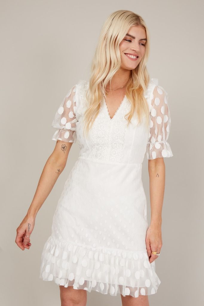 White Polka Mesh Frill Mini Dress size: 10 UK, colour: White