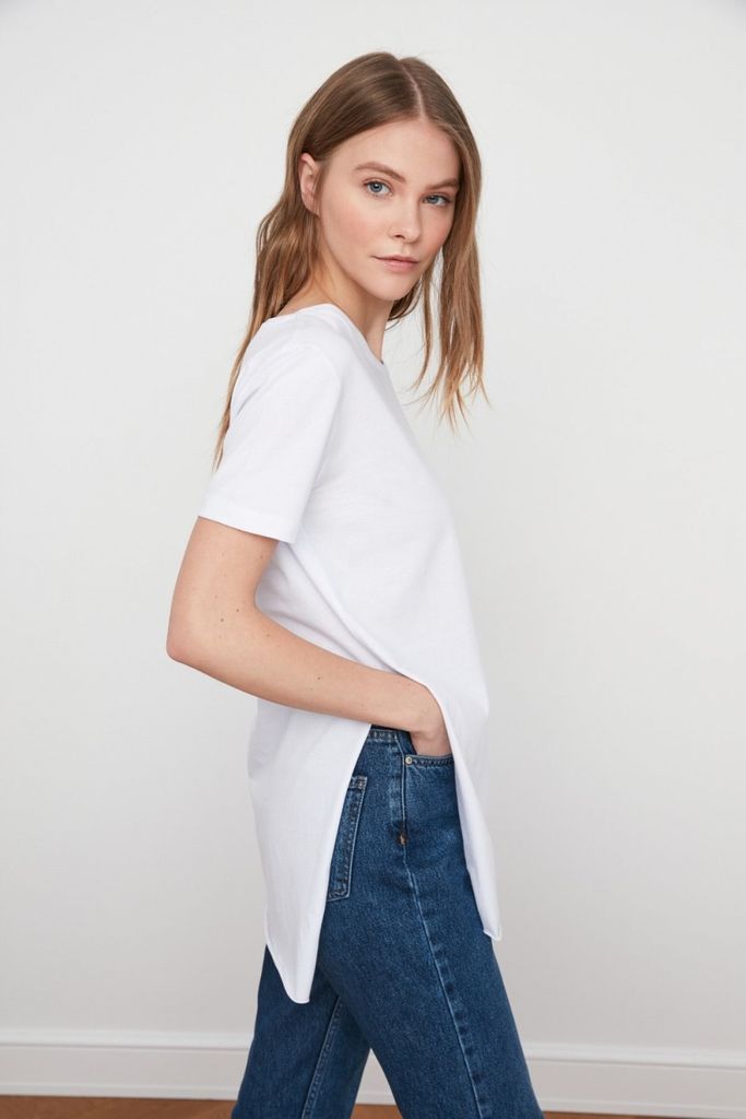White Loose Slit Side Long T-Shirt size: L, colour: White