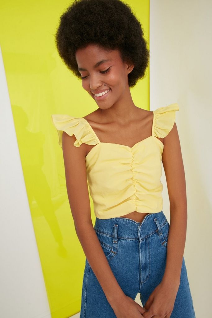 Yellow Frill Sleeve Ruached Detail Top size: 12 UK, colour: Y