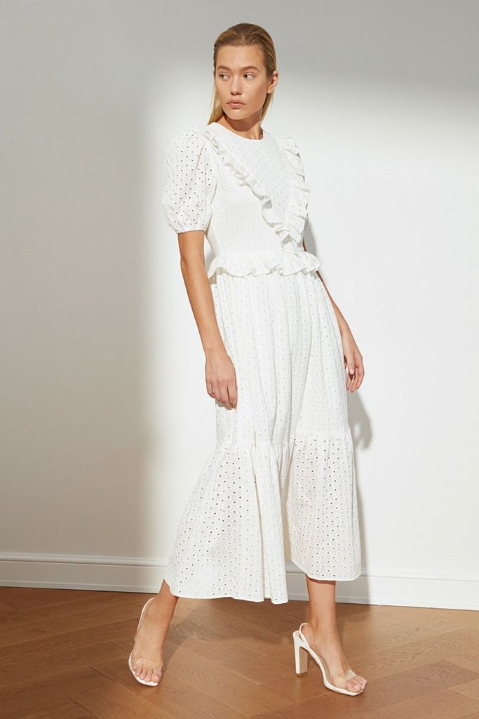 White Brodrie Bib Detail Maxi Dress size: 10 UK, colour: Whit