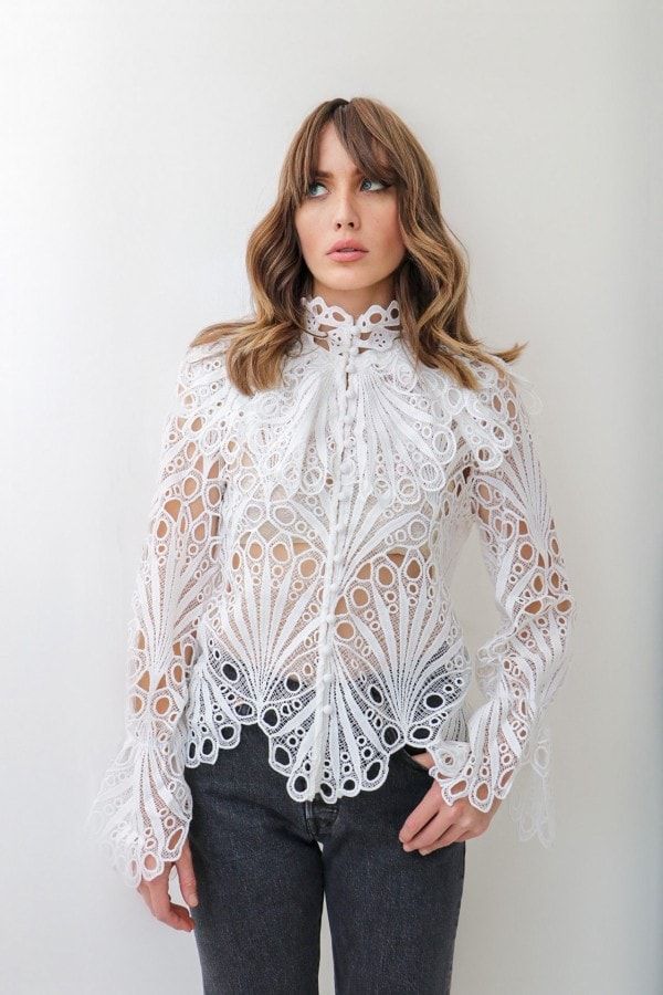 White Crochet Frill Shirt size: L, colour: White