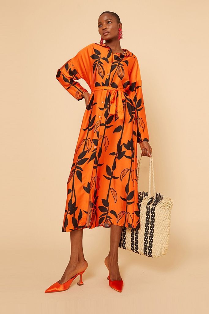 Orange Floral Shirt Dress size: One Size, colour: Oran