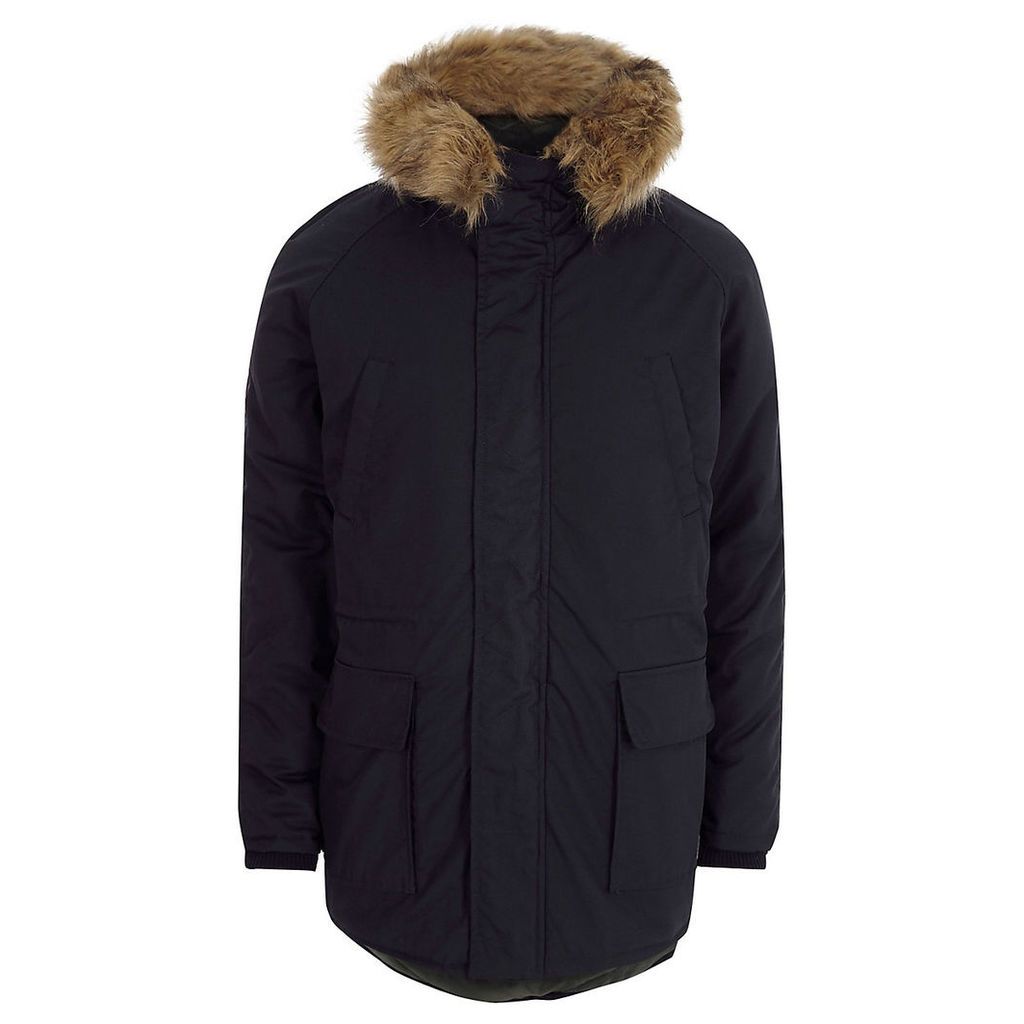 Mens Only and Sons Navy faux fur trim parka
