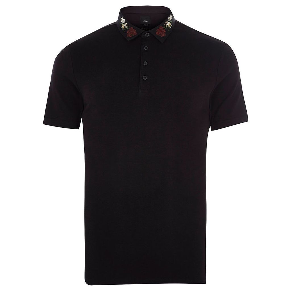 Mens Black embroidered collar slim fit polo shirt