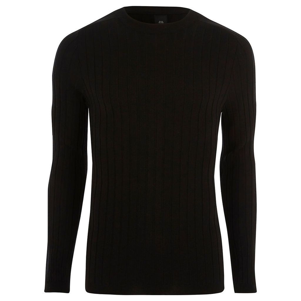 Mens Black muscle fit ribbed crew neck jumper