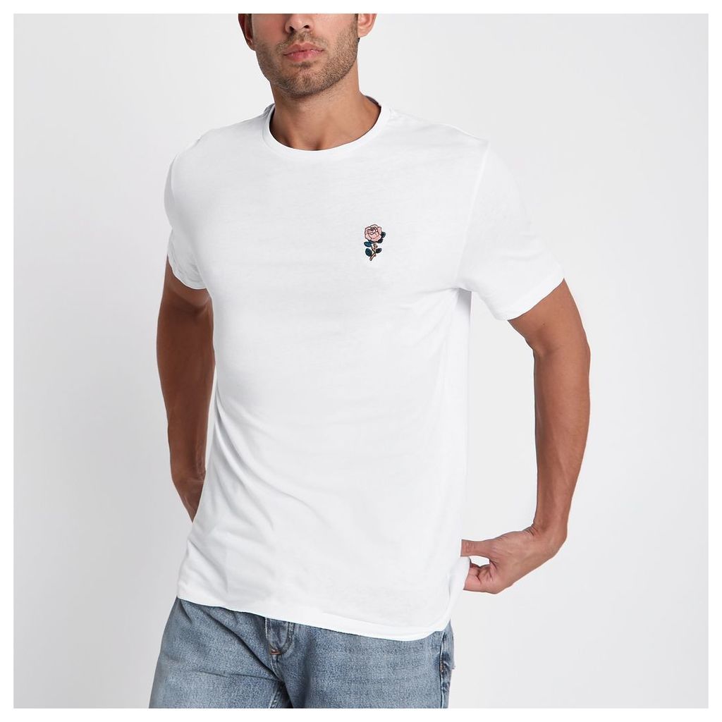 Mens White rose chest embroidery slim fit T-shirt