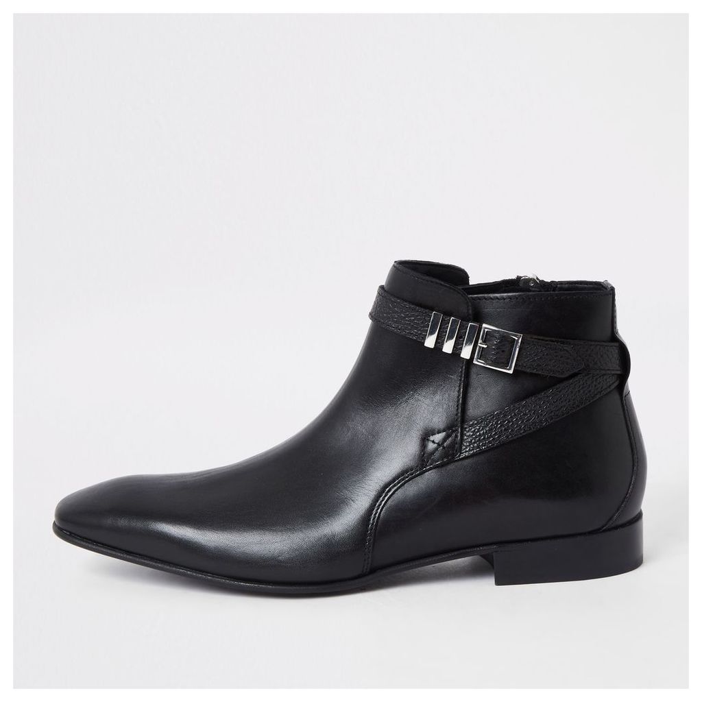 Mens River Island Black leather pointed toe buckle boot