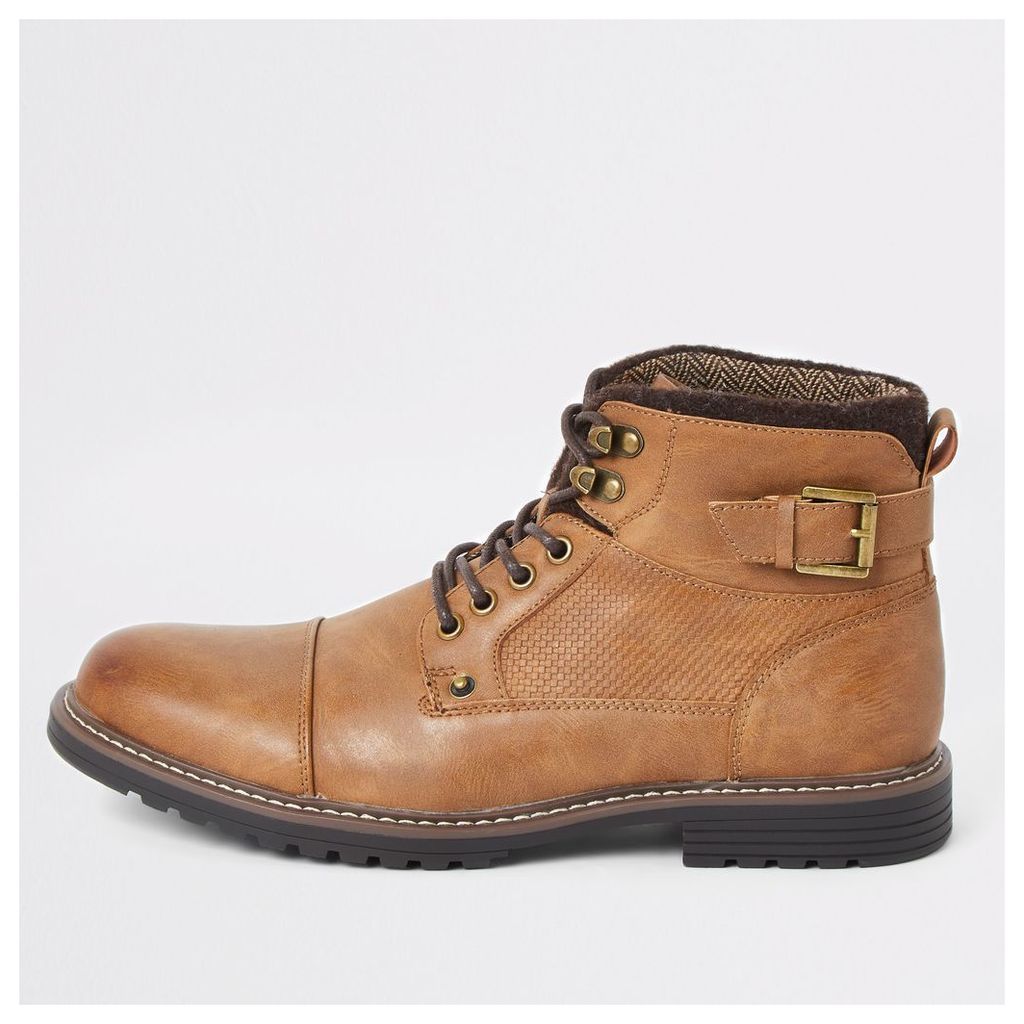 Mens River Island Light Brown lace-up buckle military boots