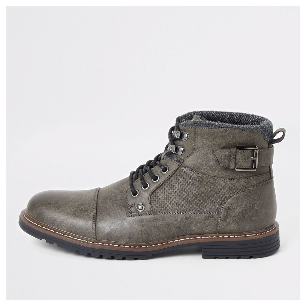 Mens River Island Dark Grey lace-up buckle military boots