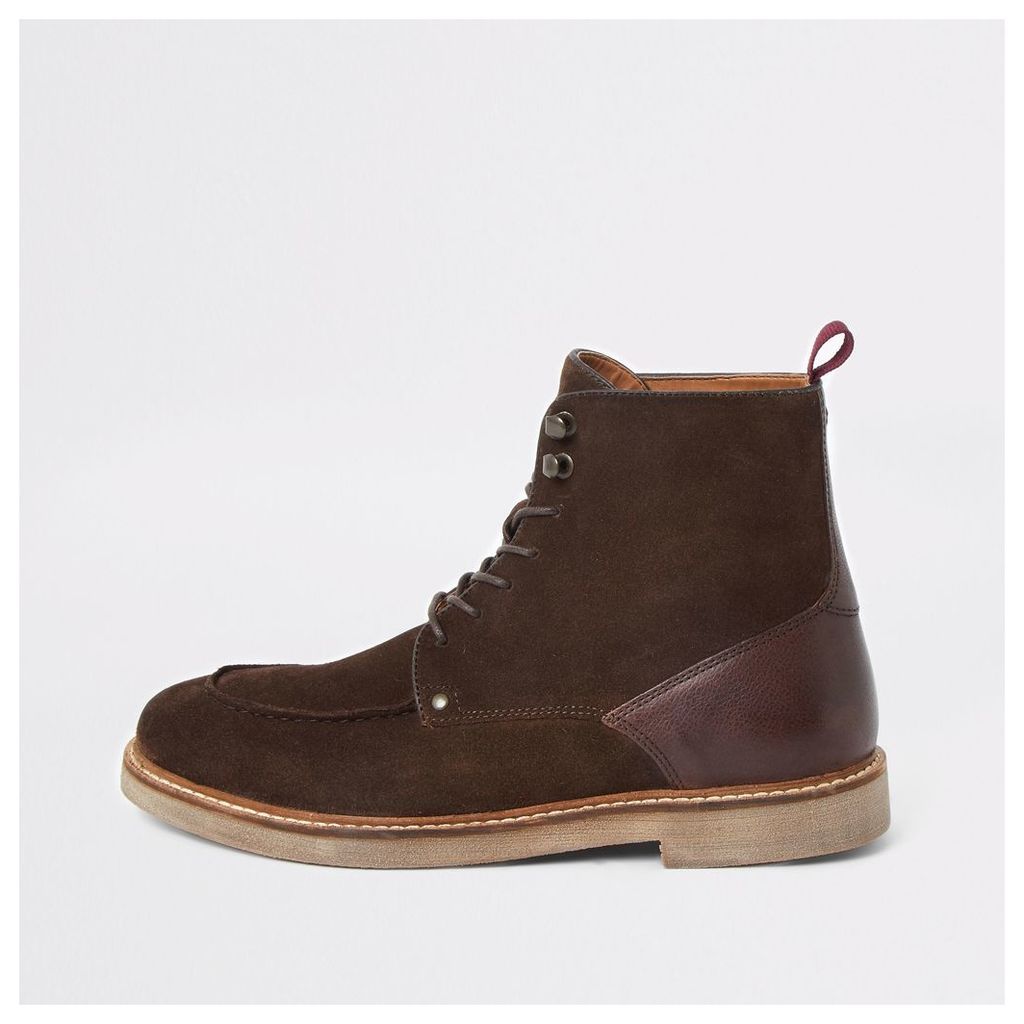 Mens River Island Dark Brown suede apron toe lace-up boots