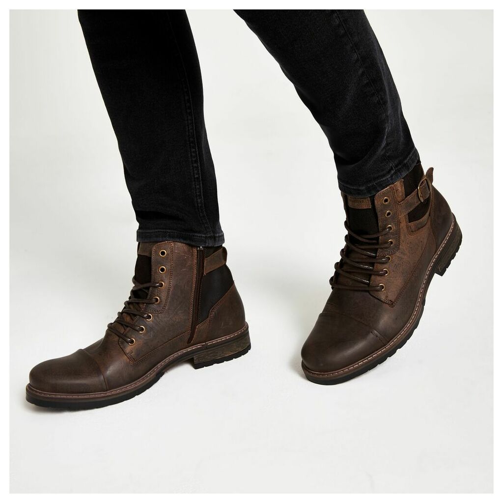 Mens River Island Dark Brown buckle lace-up leather boots