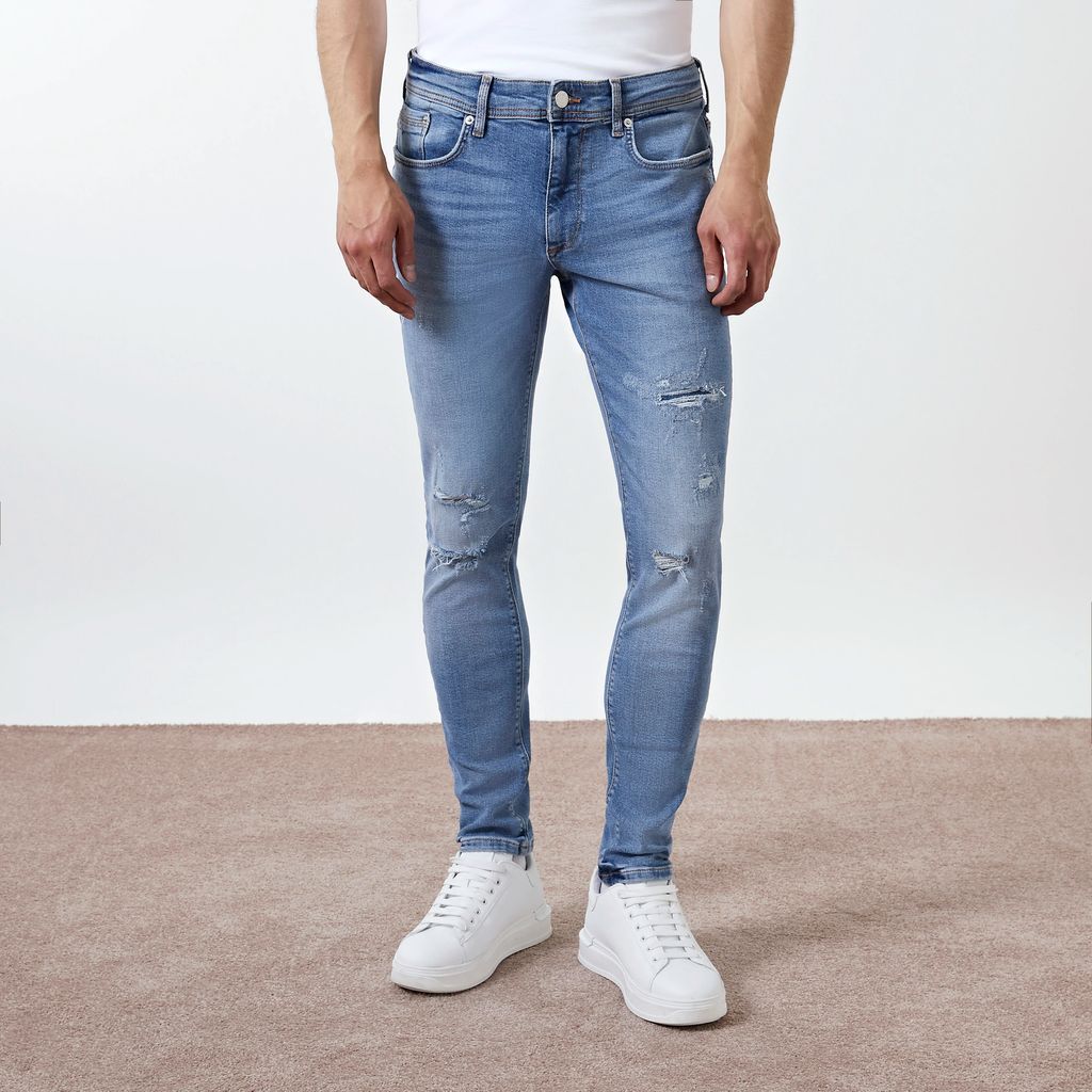 Mens River Island Blue ripped skinny fit jeans