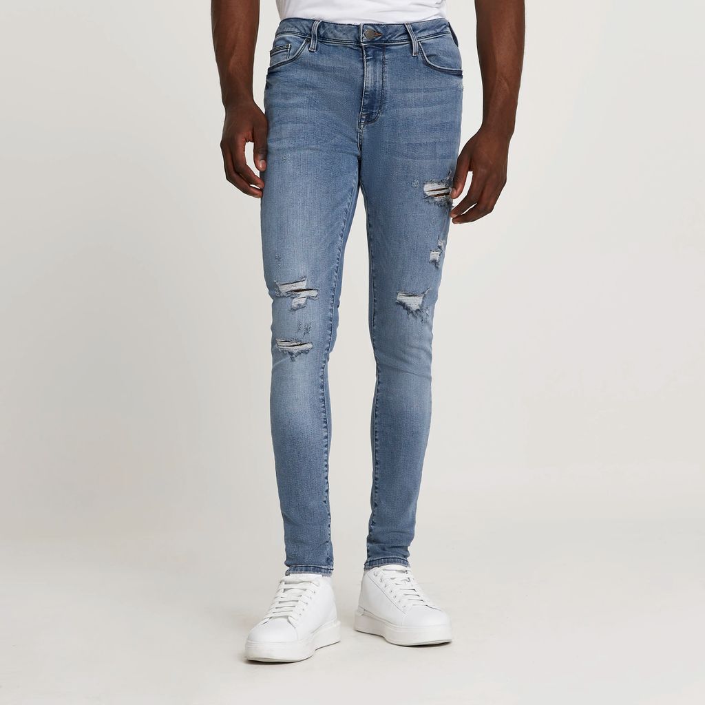 Mens River Island Blue ripped spray on skinny fit jeans