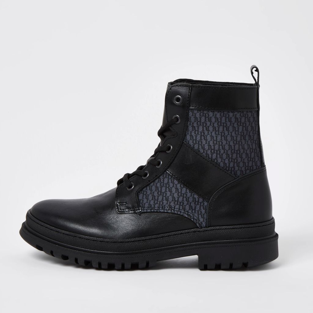 Mens River Island Black leather monogram lace up boots