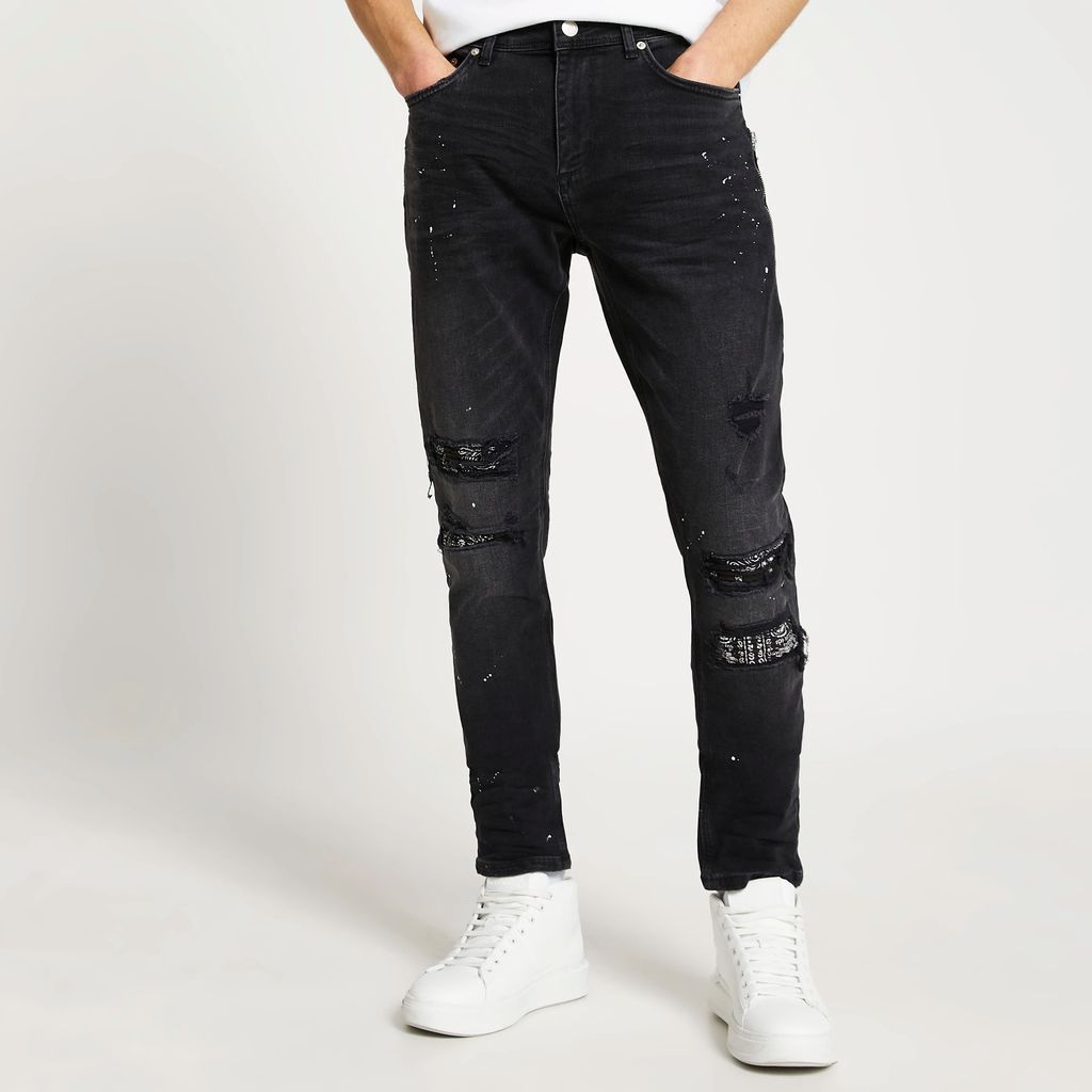 Mens River Island Black paint splat ripped slim-skinny jeans