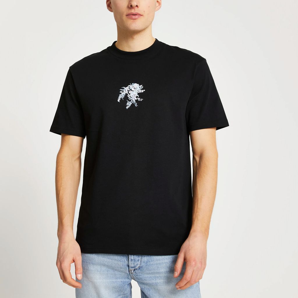 Mens River Island Black floral embroidered t-shirt