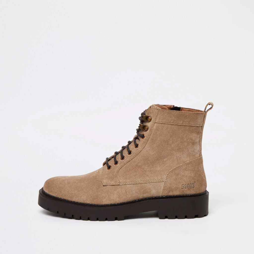 Mens River Island Beige chunky suede lace up military boots