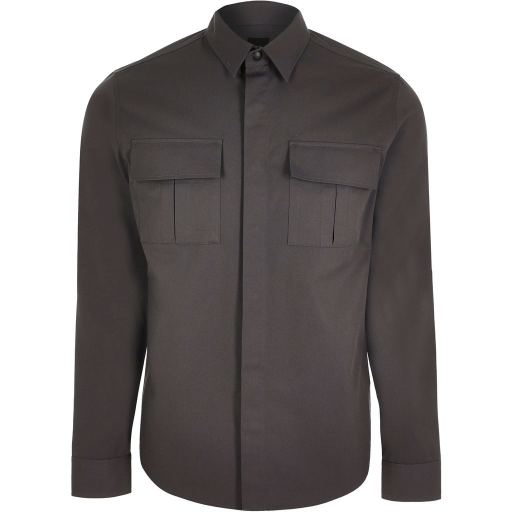 Mens River Island Grey double chest pocket long sleeve shirt