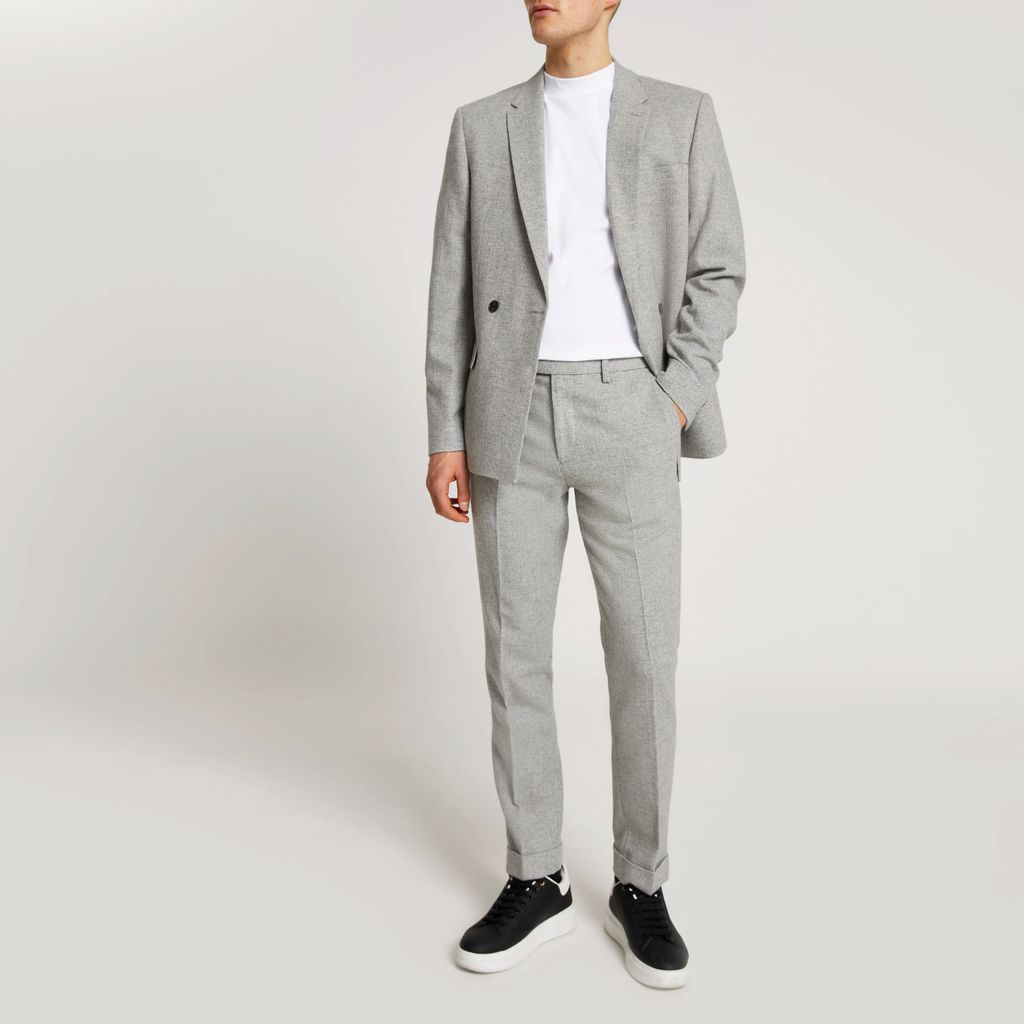Mens River Island Grey herringbone skinny fit suit trousers