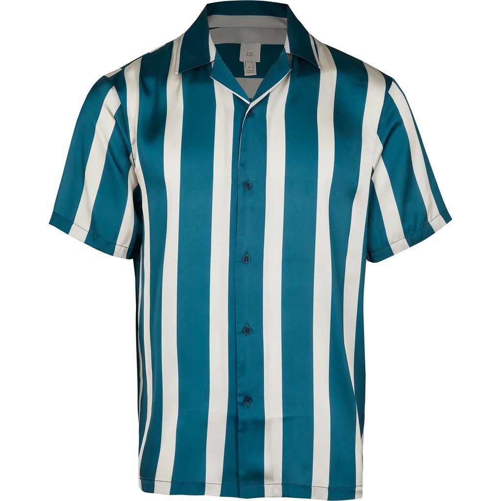 Mens River Island Green stripe revere short sleeve shirt