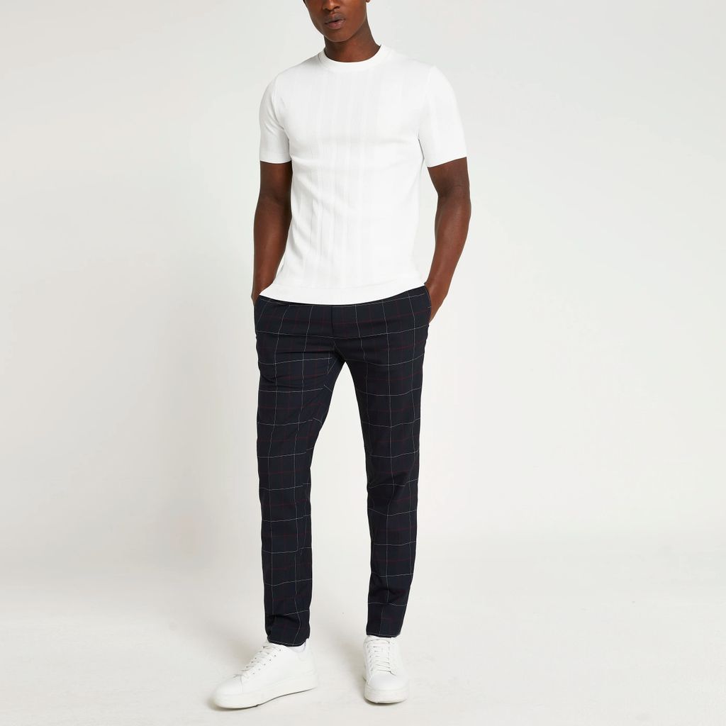 Mens River Island Navy check slim fit trousers