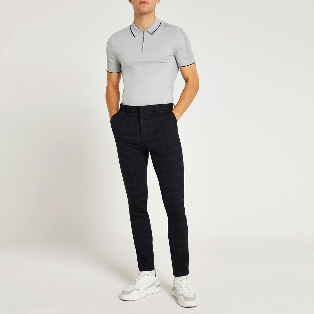 Mens River Island Navy textured check trousers