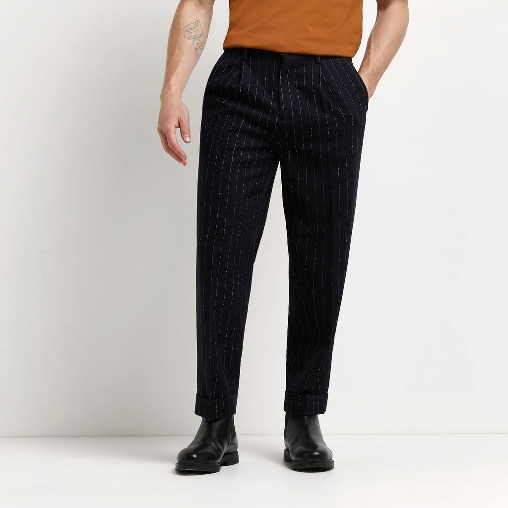 Mens River Island Navy striped pleated tapered fit trousers