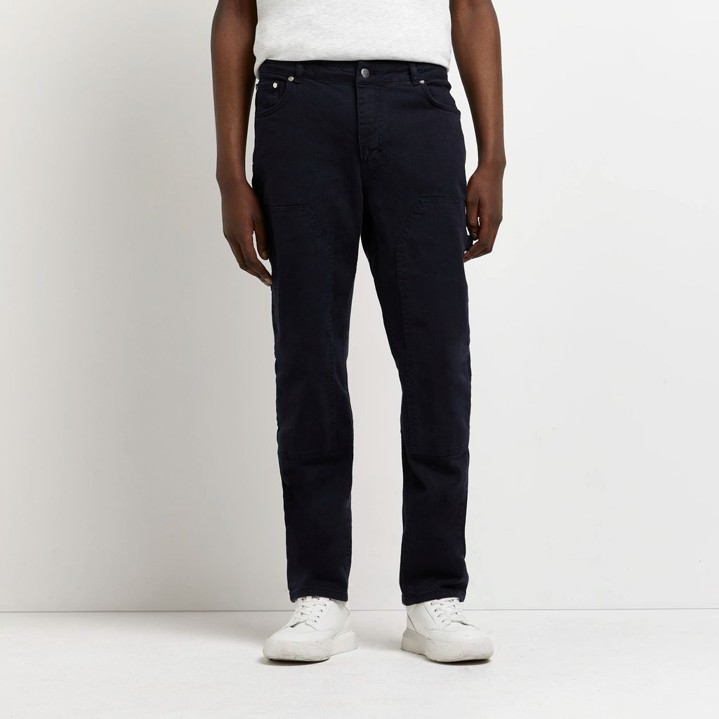 Mens River Island Navy regular fit worker trousers