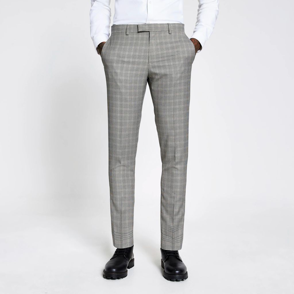 Mens River Island Brown heritage check skinny fit suit trousers