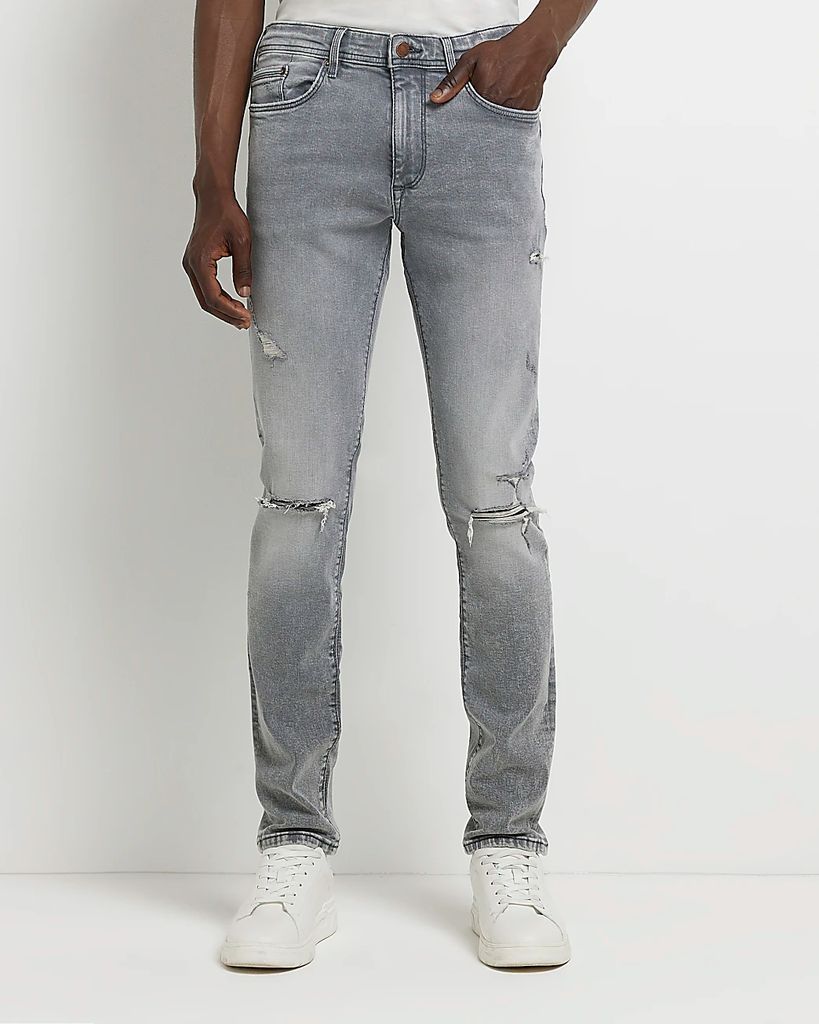 Mens River Island Grey Skinny fit Ripped jeans