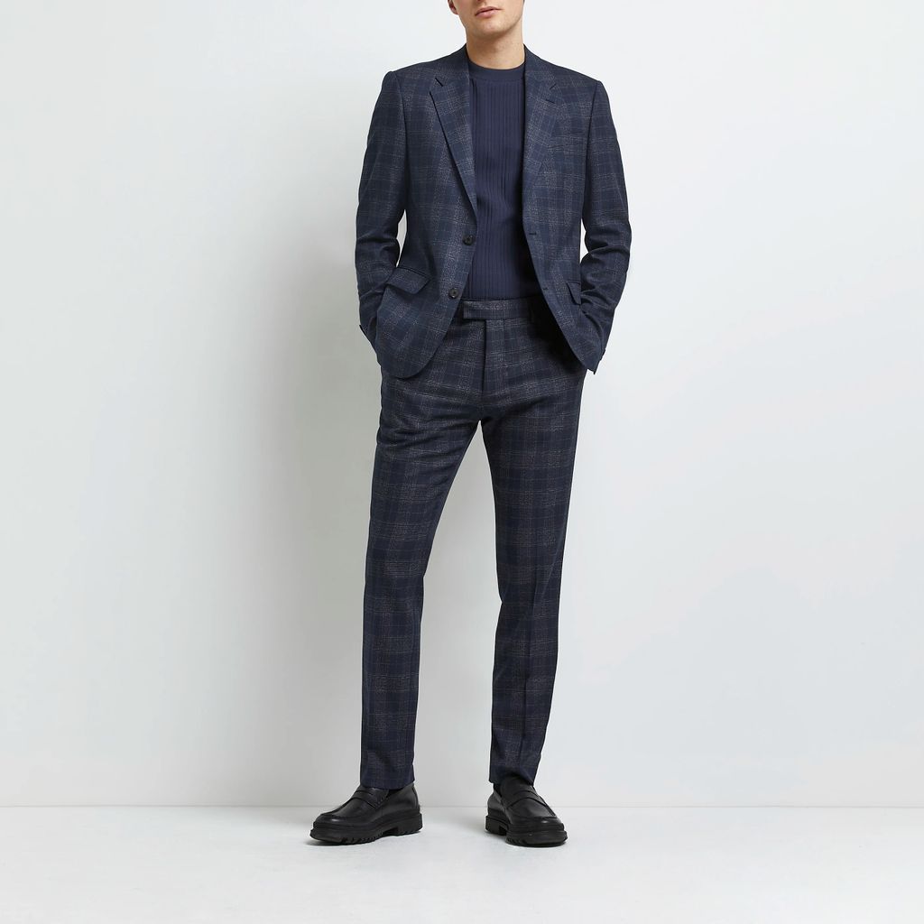Mens River Island Navy slim fit check suit trousers