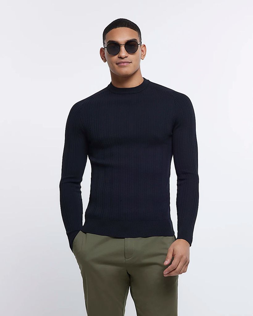 Mens River Island Black Muscle Fit Ribbed Crew Neck Jumper