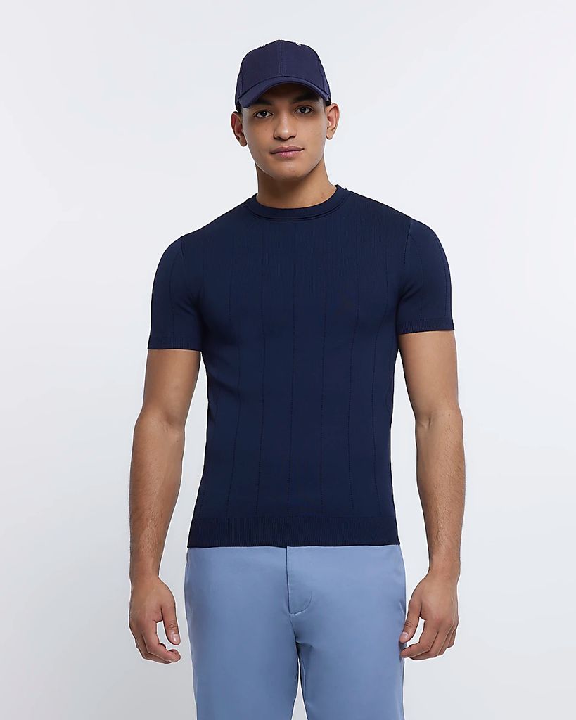 Mens River Island Navy Muscle Fit Knitted T-Shirt
