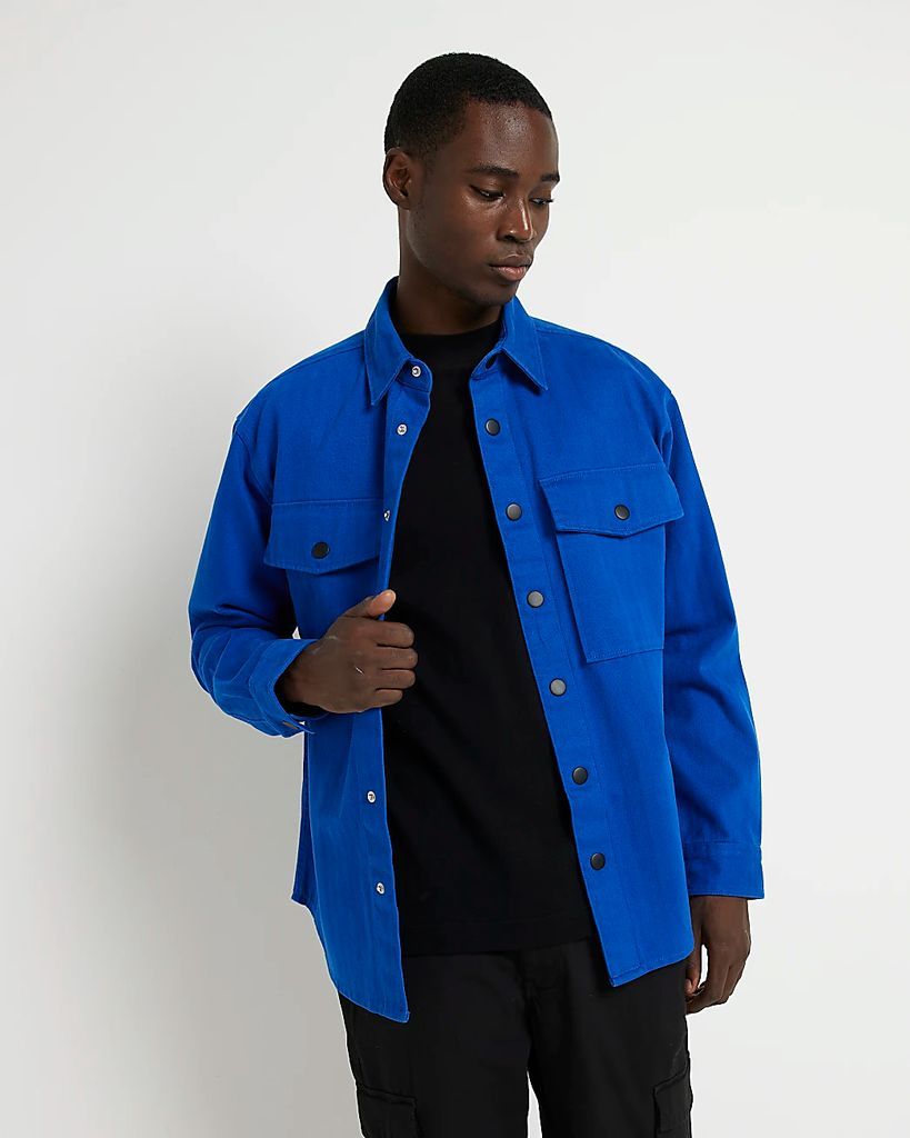 Mens River Island Blue Oversized Fit Twill Shacket