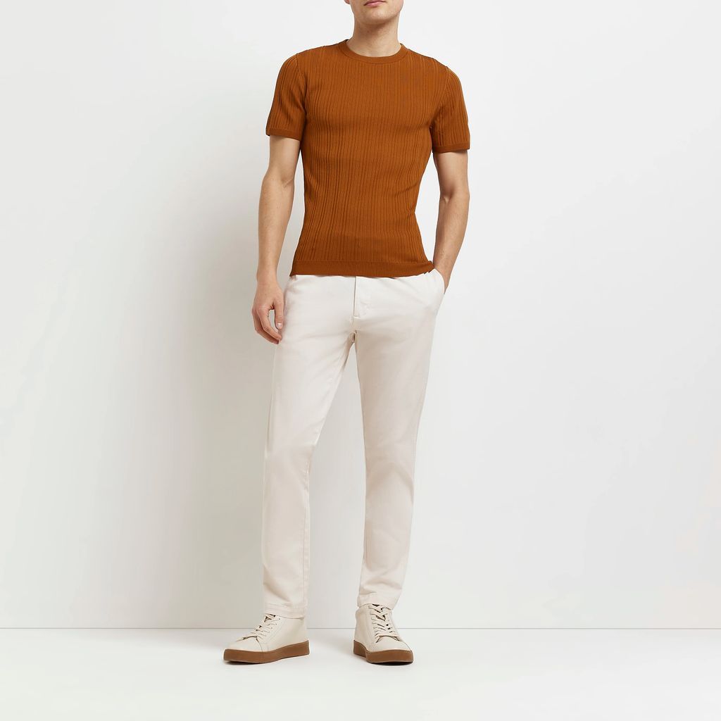 Mens River Island Rust Muscle Fit Knitted T-Shirt