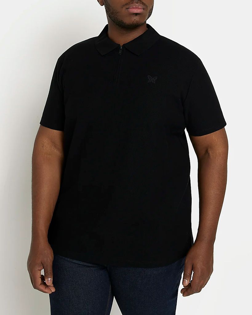 Mens River Island Big & Tall Black Short Sleeve Honeycomb Polo