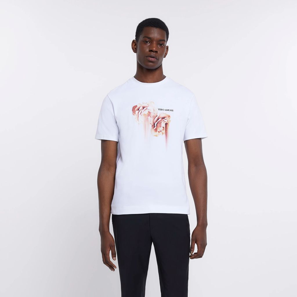 Mens River Island White Slim Fit Graphic Floral T-Shirt