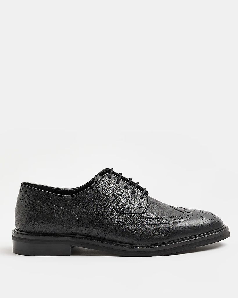 Mens River Island Black Leather Brogue Derby Shoes