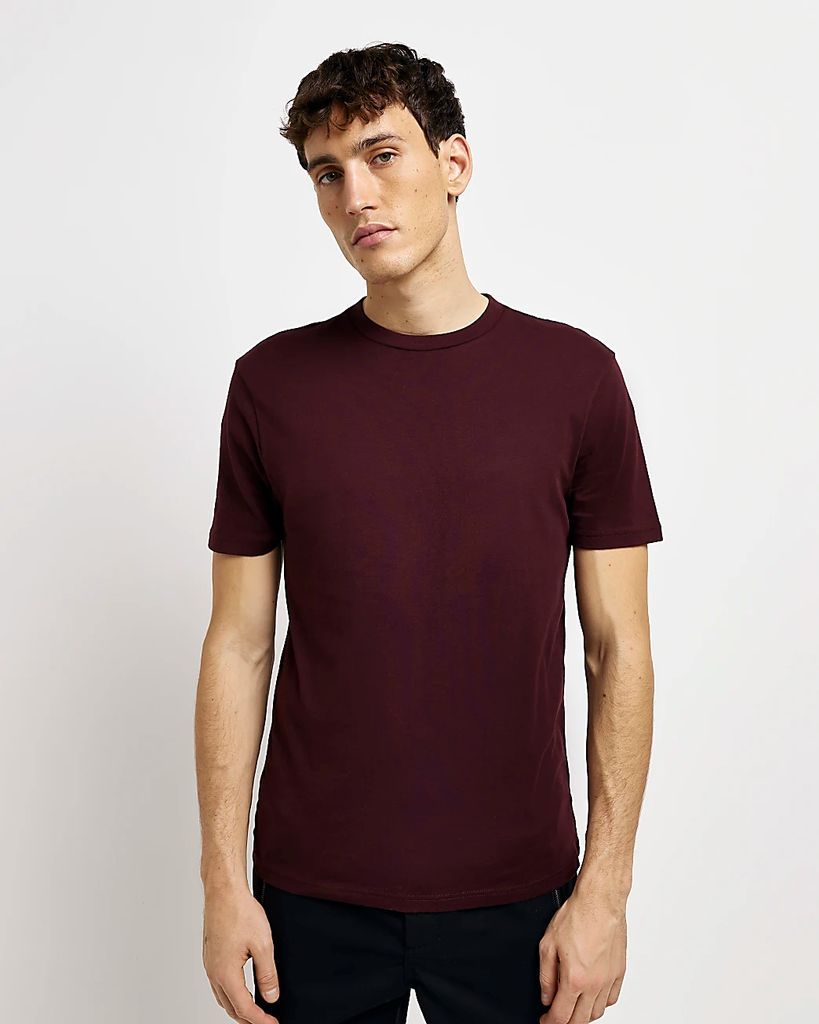 Mens River Island Dark Red Slim Fit T-Shirt