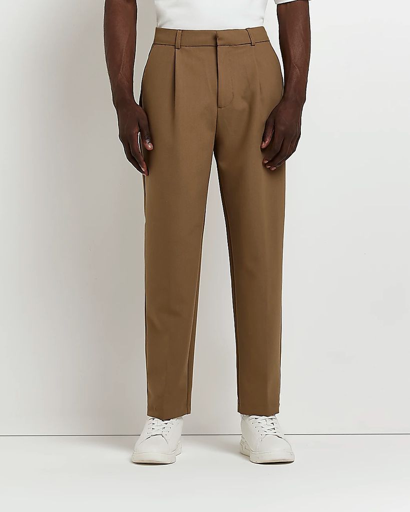 Mens River Island Beige Tapered Fit Twill Trousers