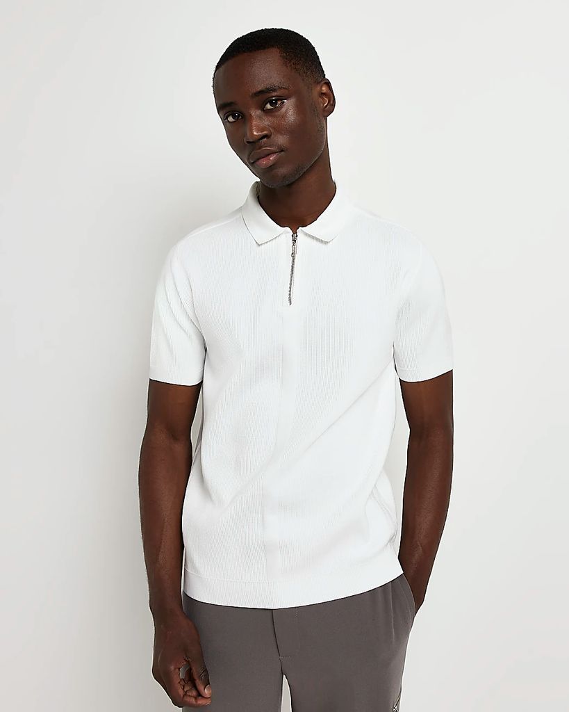 Mens River Island White Slim Fit Knitted Half Zip Polo Shirt