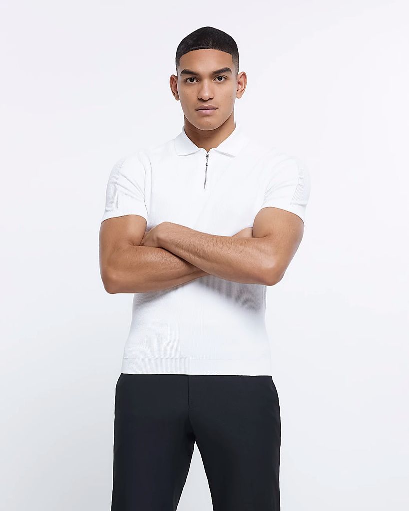 Mens River Island White Muscle Fit Short Sleeve Polo
