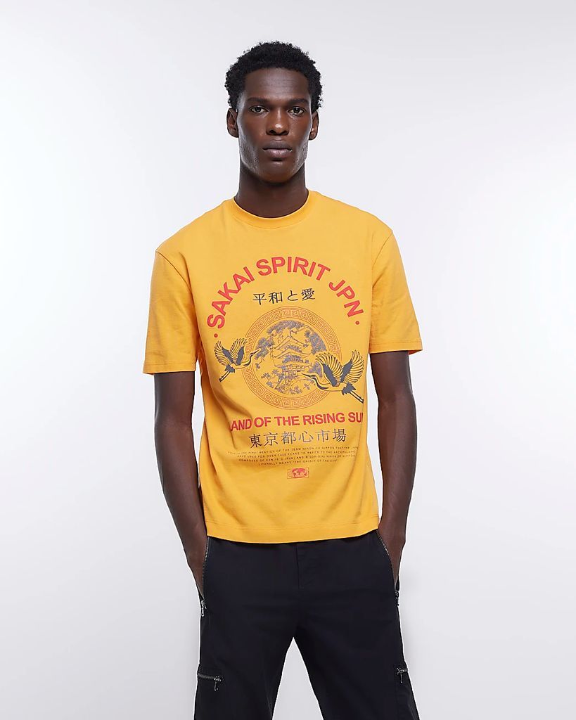 Mens River Island Orange Regular Fit Graphic T-Shirt