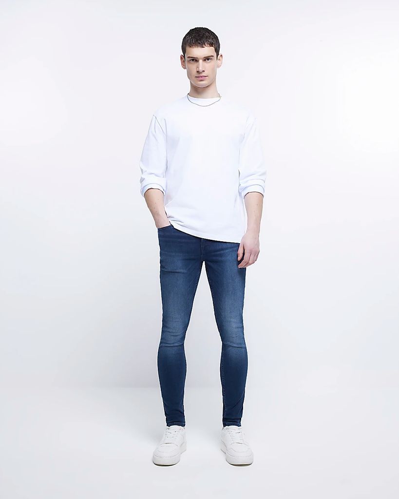 Mens River Island Blue Super Skinny Fit Spray On Faded Jeans