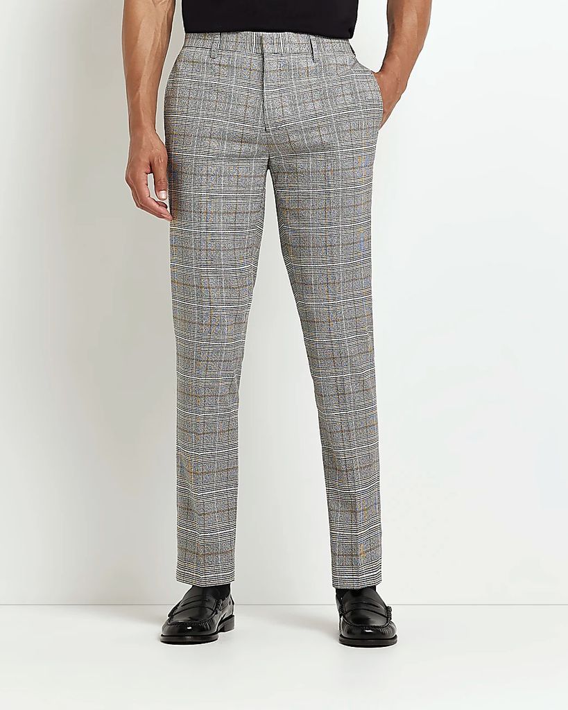 Mens River Island Grey Slim Fit Check Trousers